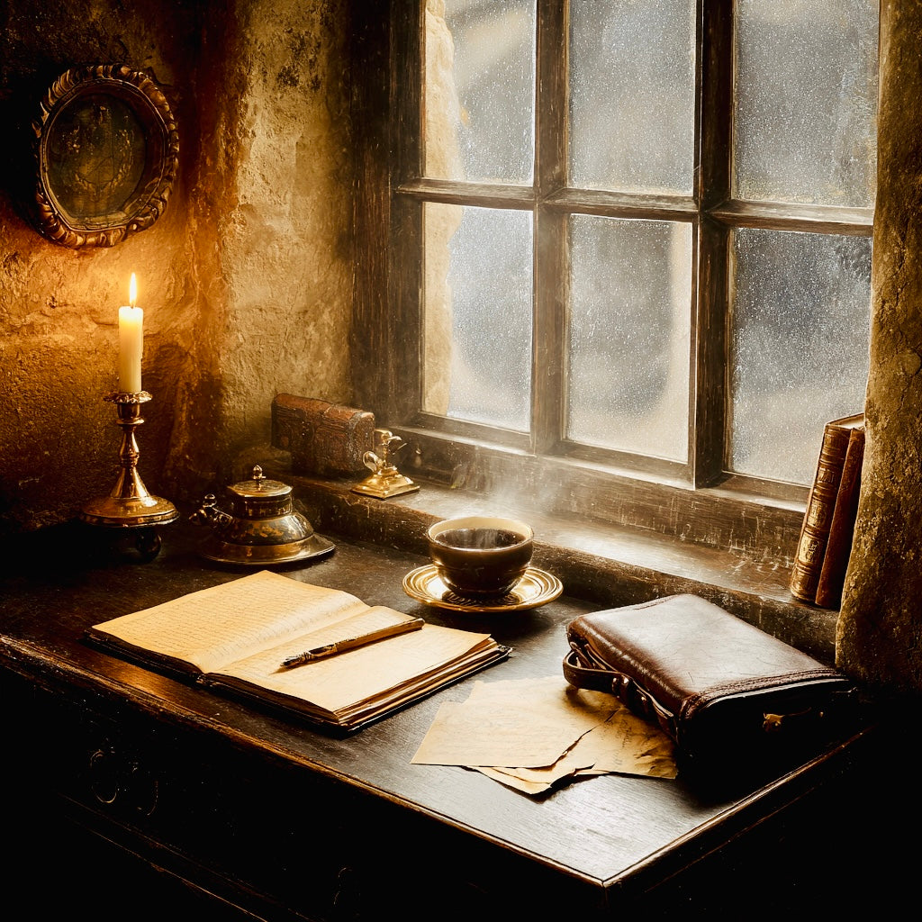 Image of an antique desk with a journal open beside a cup of steaming tea. Dark and moody by candlelight atmosphere.