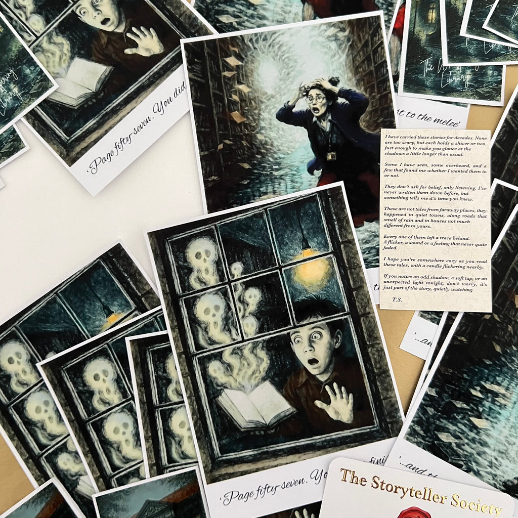 Collection of vintage-style cards with eerie illustrations and text on a textured surface.