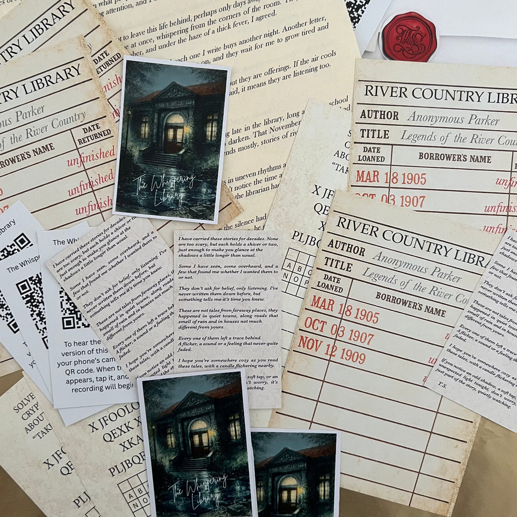 Vintage library bookplates with text and images of a building, surrounded by old paper and stamps.