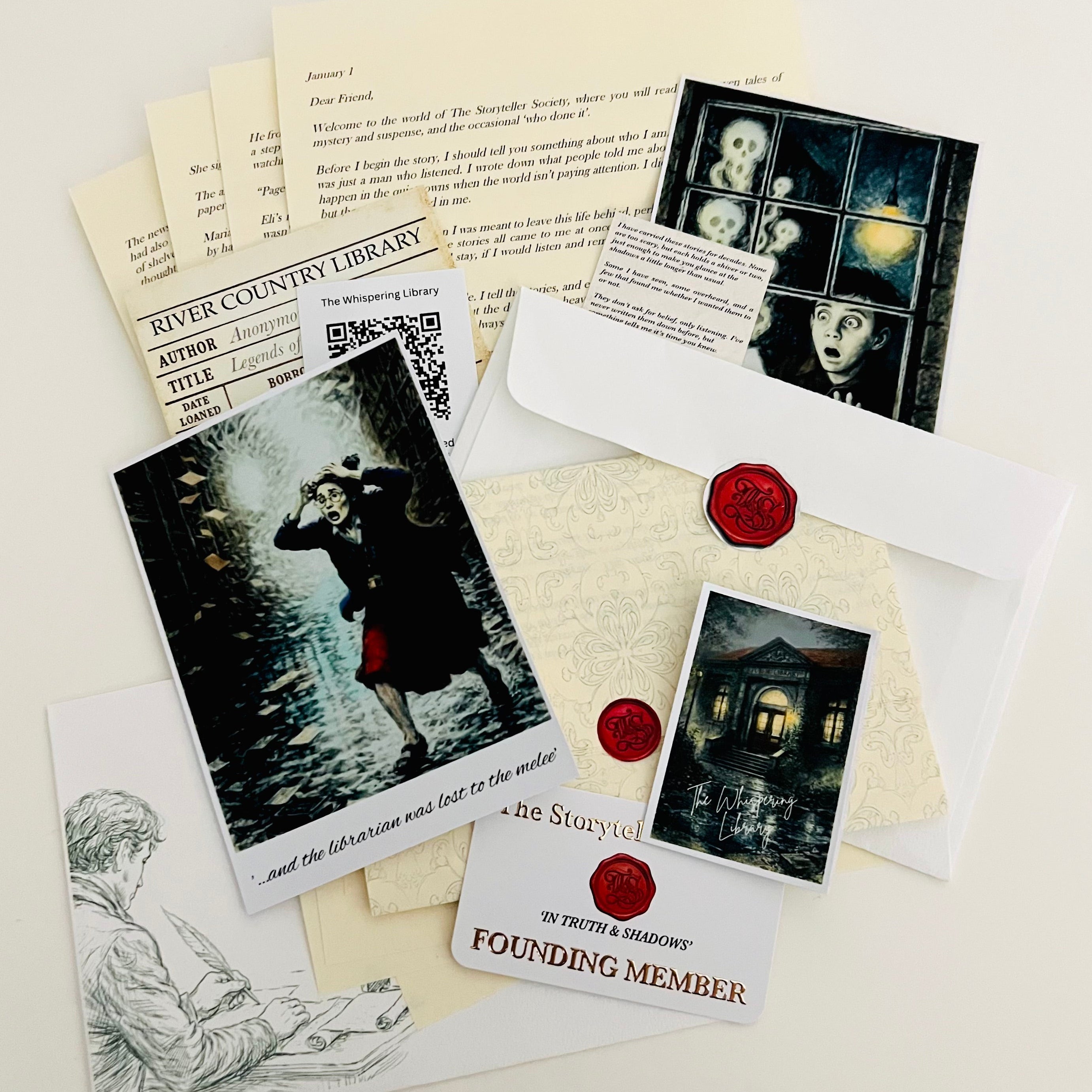 Collection of themed cards and letters with illustrations and text on a white background