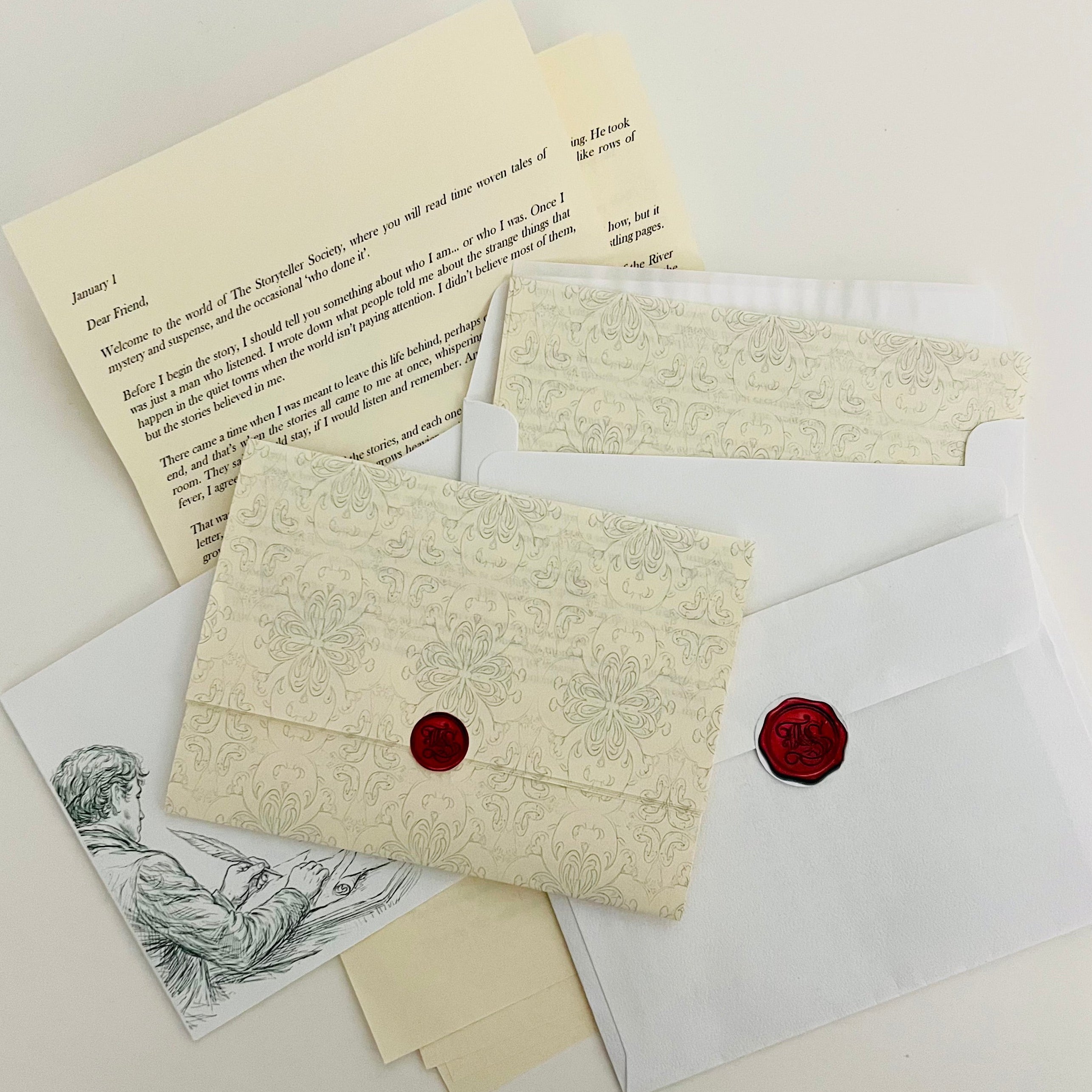 Collection of vintage-style letters and envelopes with wax seals on a light background